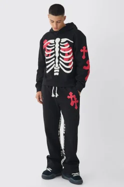 boohooMAN Oversized Boxy Skeleton Puff Print Cross Tracksuit | UK| Tracksuits