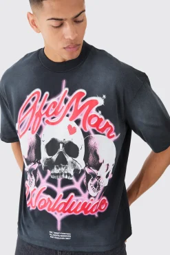 Oversized Boxy Skull Graphic Washed Heavyweight T-shirt | UK^boohooMAN Best
