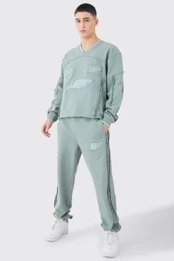 boohooMAN Oversized Boxy Sports Rib Sweatshirt Tracksuit | UK| Tracksuits