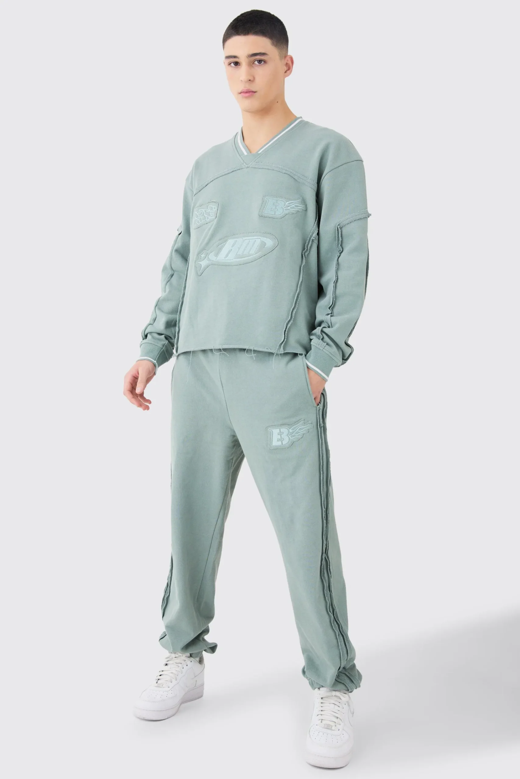 boohooMAN Oversized Boxy Sports Rib Sweatshirt Tracksuit | UK| Tracksuits