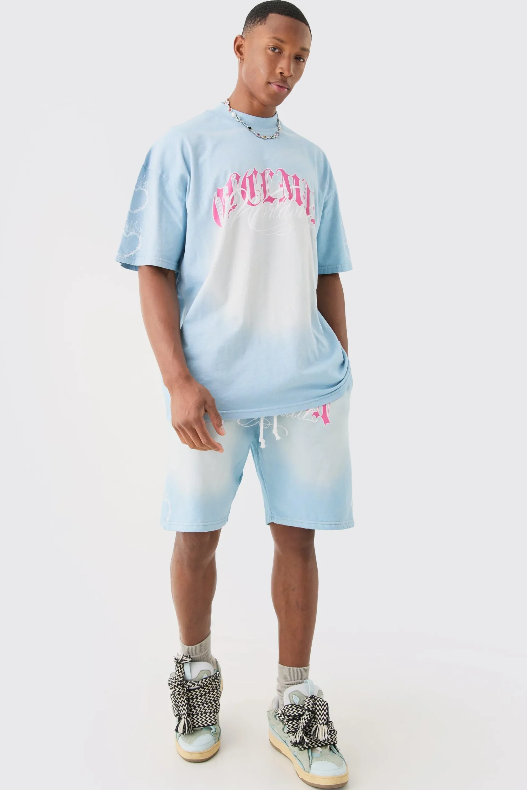 boohooMAN Oversized Boxy Spray Wash Multi Heart T-shirt & Short Set | UK| Sets & Co-Ords|Tracksuits