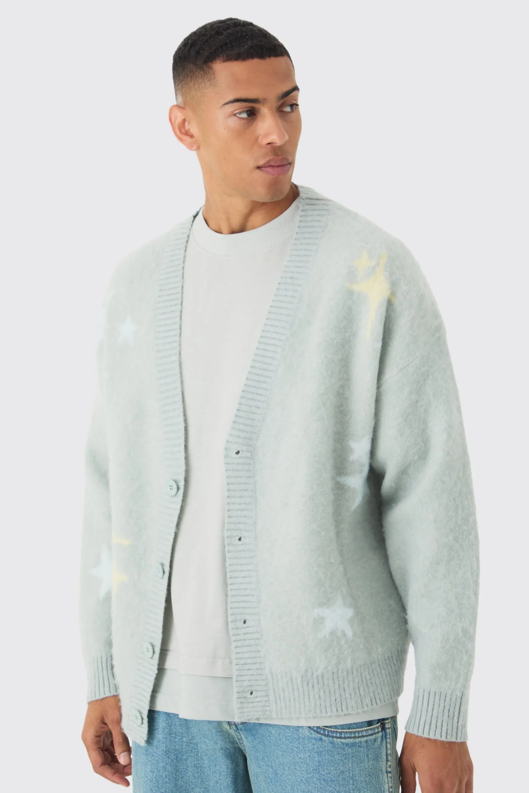 boohooMAN Oversized Boxy Star Brushed Knitted Cardigan | UK| Knitwear