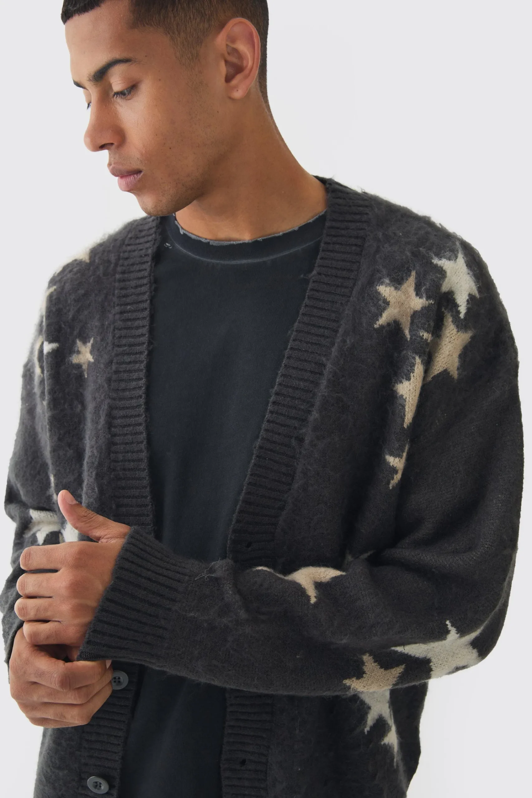 boohooMAN Oversized Boxy Star Brushed Knitted Cardigan | UK| Knitwear
