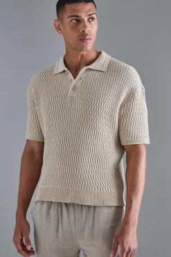 boohooMAN Oversized Boxy Textured Open Stitch Polo | UK| Knitwear