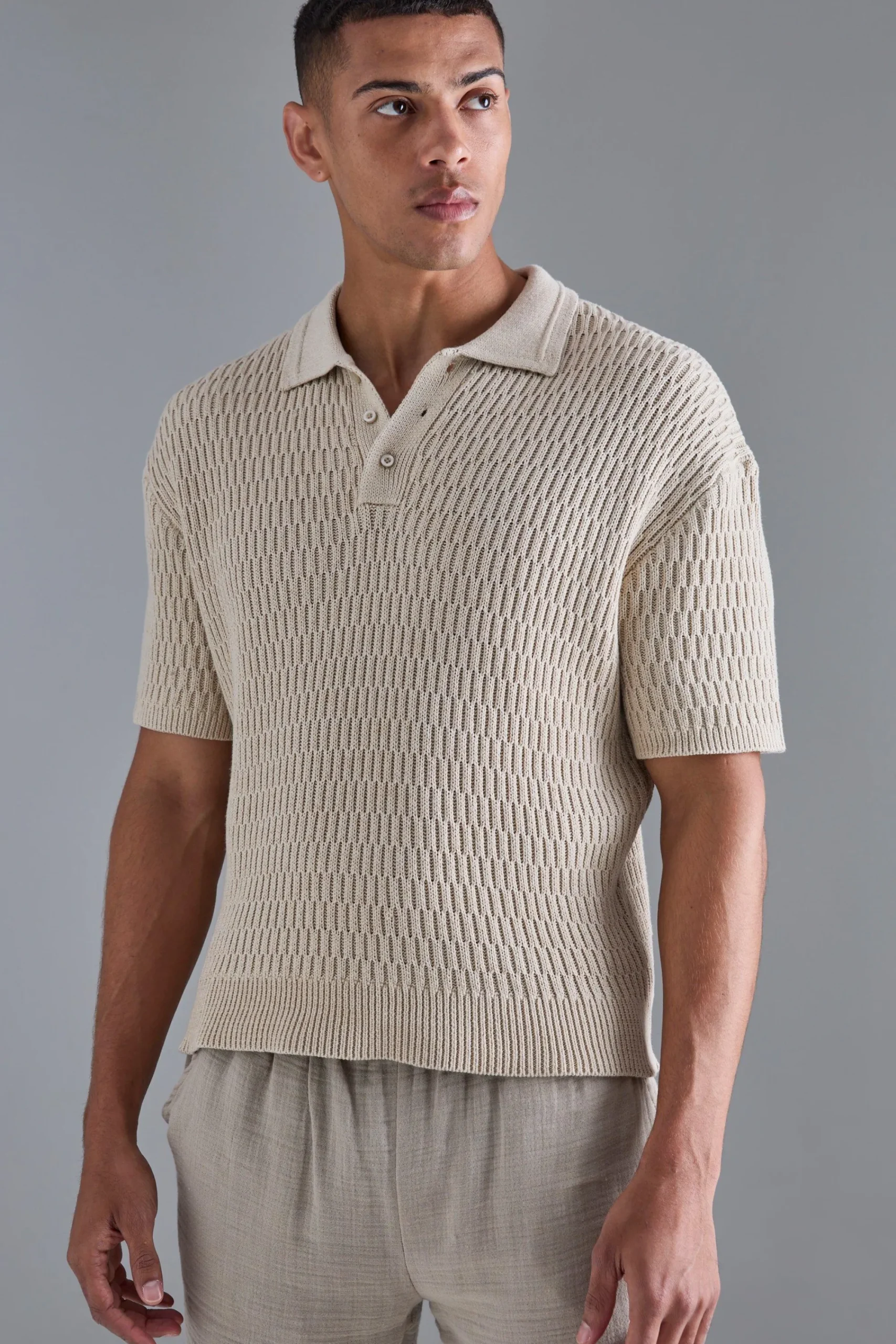 boohooMAN Oversized Boxy Textured Open Stitch Polo | UK| Knitwear
