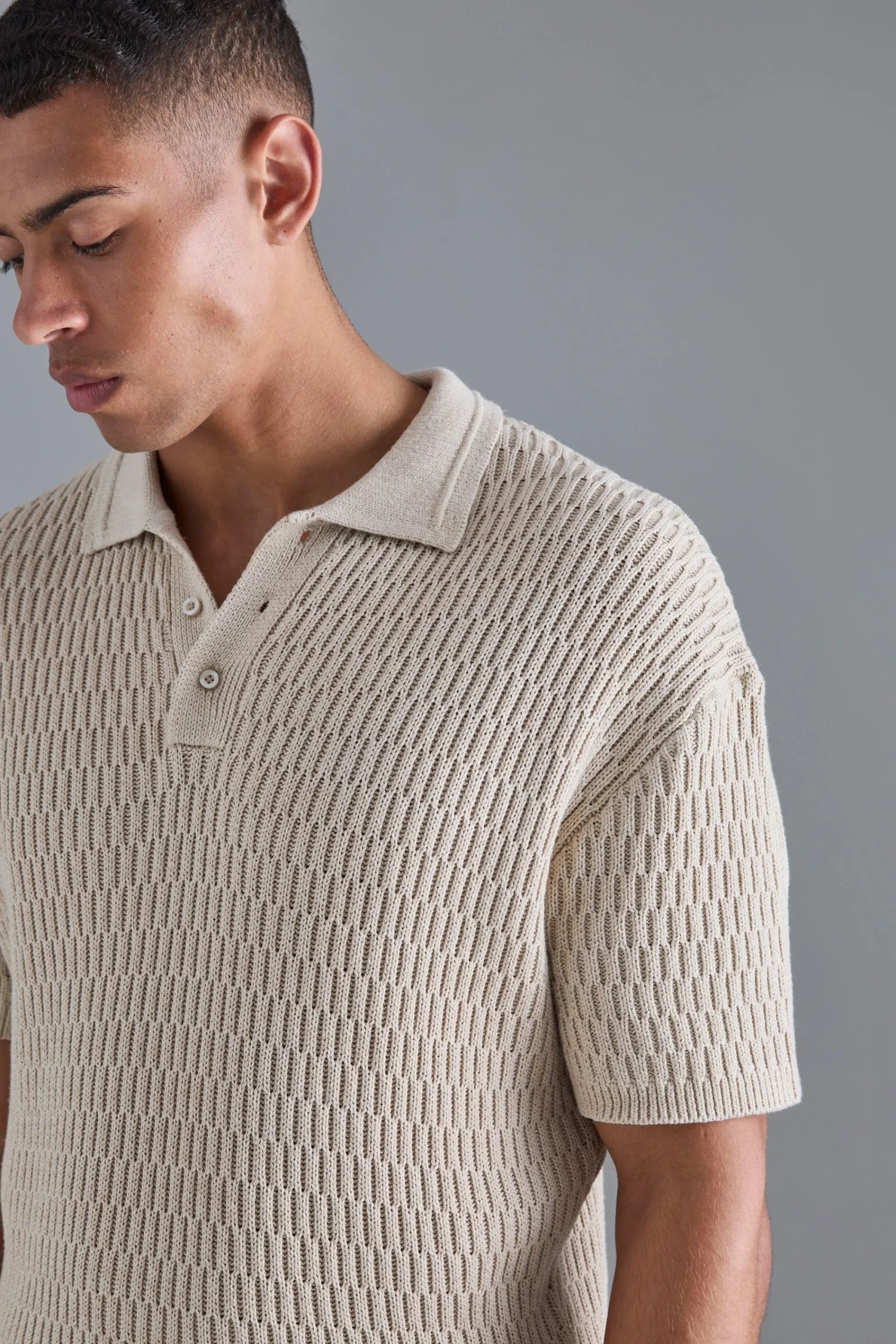 boohooMAN Oversized Boxy Textured Open Stitch Polo | UK| Knitwear
