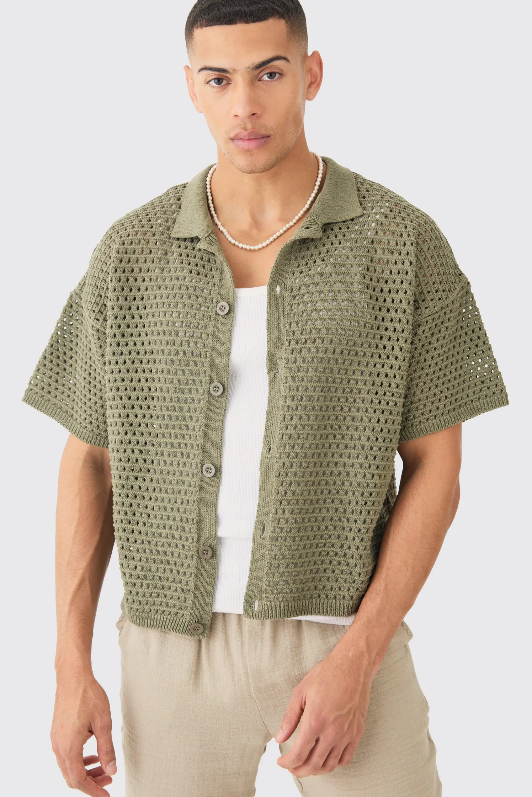 boohooMAN Oversized Boxy Textured Open Stitch Knit Shirt In | UK| Shirts|Knitwear
