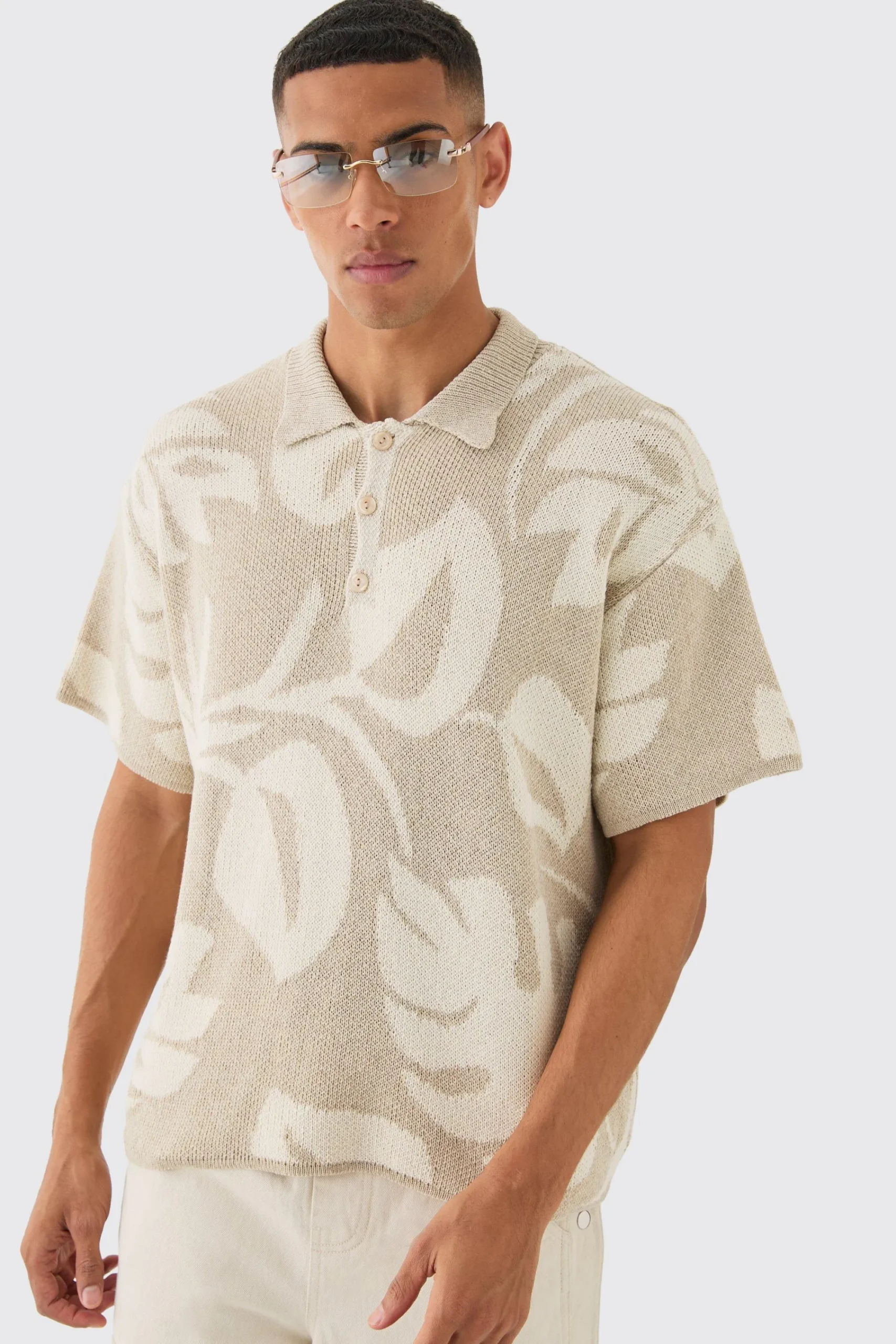 boohooMAN Oversized Boxy Tonal Jacquard Floral Knit Polo | UK| Knitwear