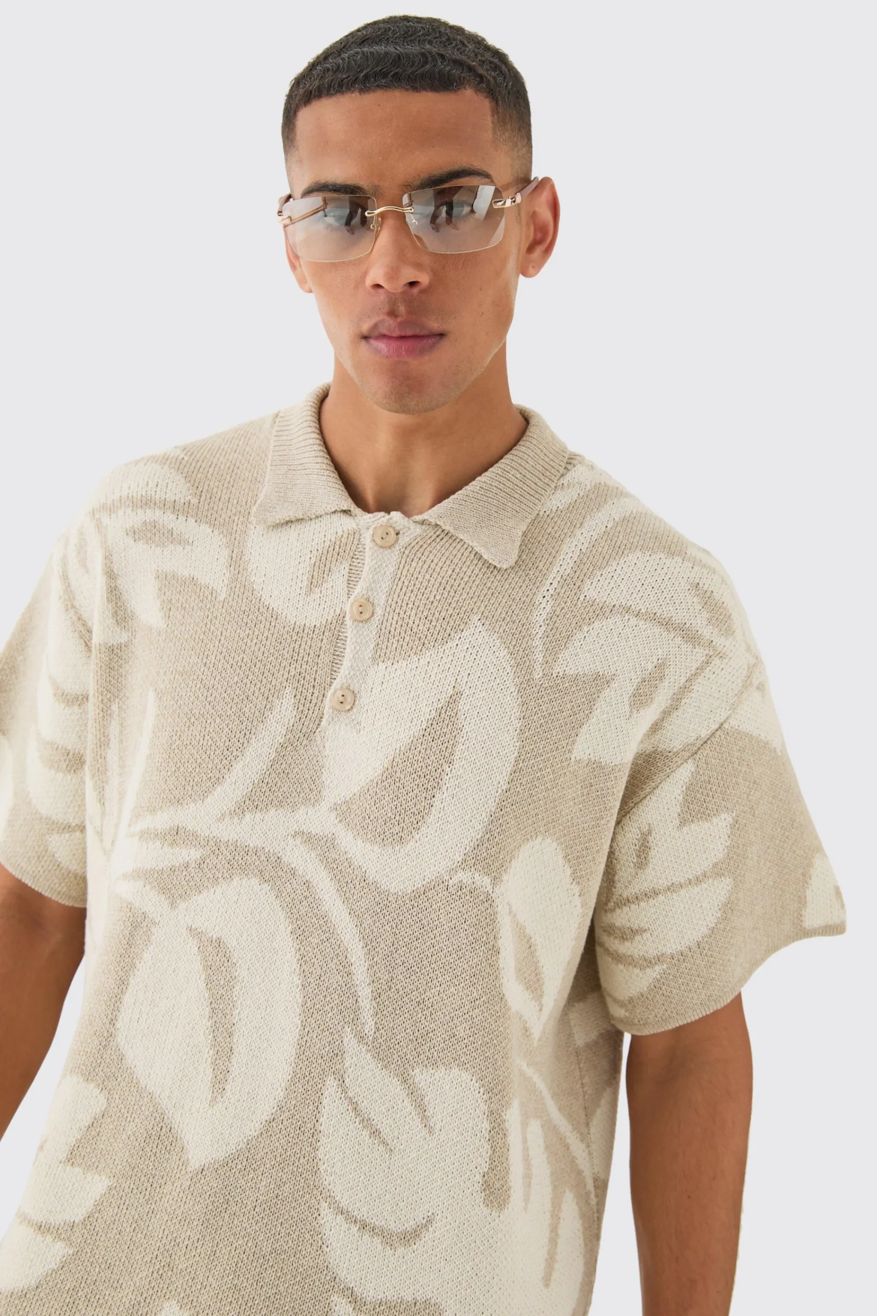 boohooMAN Oversized Boxy Tonal Jacquard Floral Knit Polo | UK| Knitwear