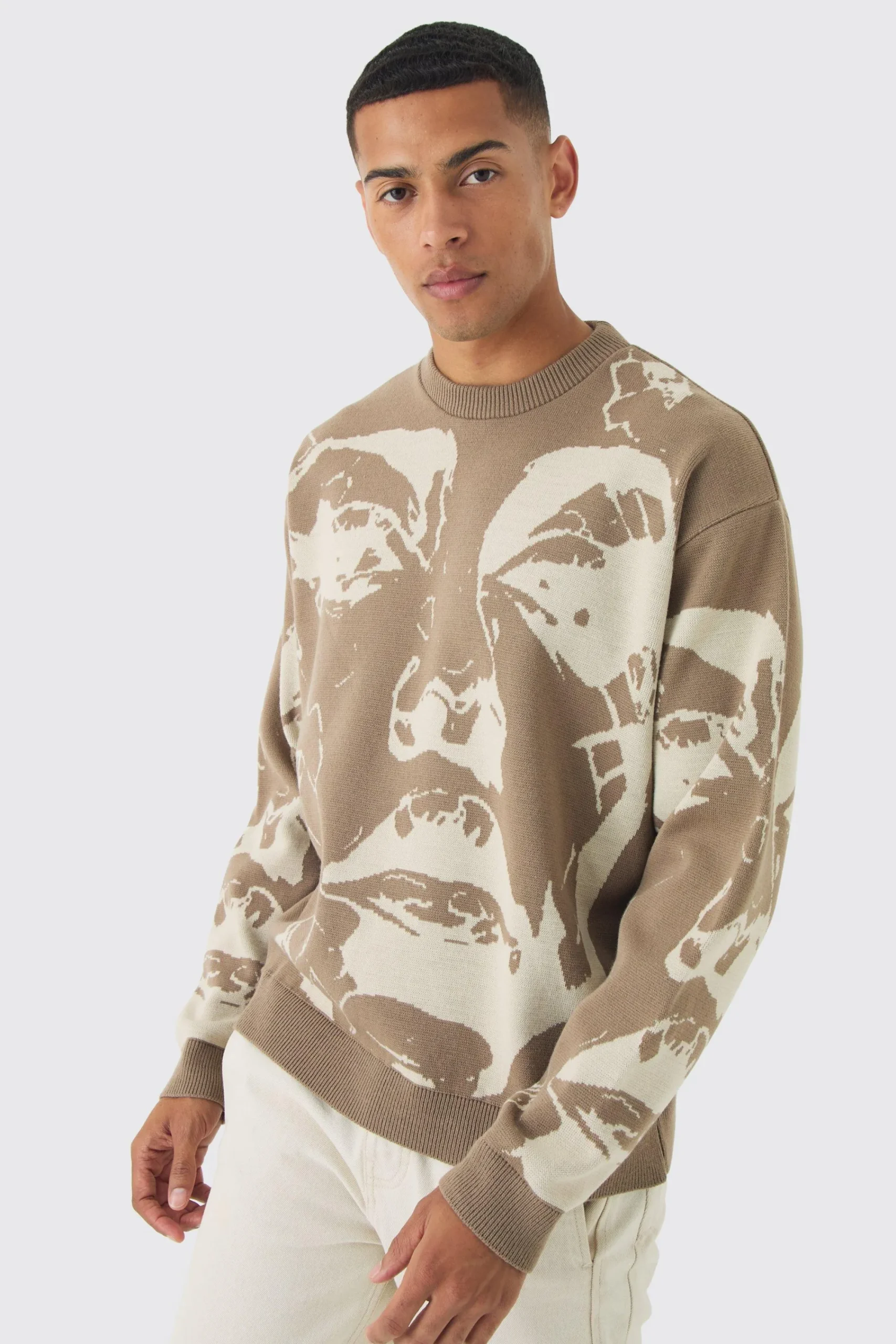 boohooMAN Oversized Boxy Tonal Line Face Knitted Jumper | UK| Knitwear