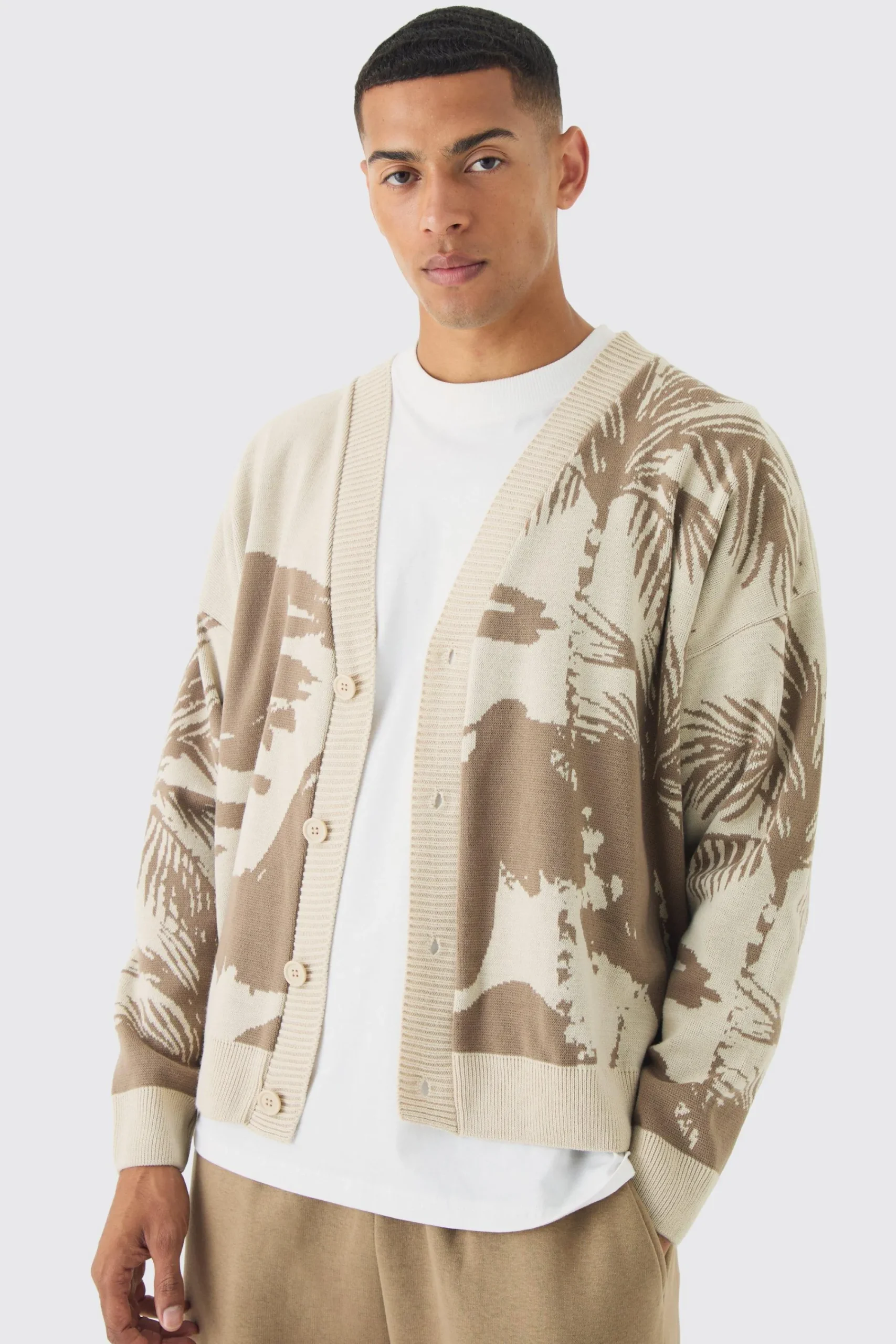 boohooMAN Oversized Boxy Tonal Scenic Drawing Knitted Cardigan | UK| Knitwear