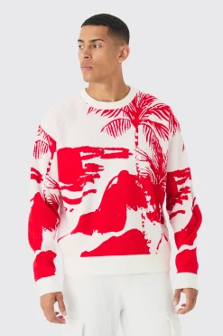 boohooMAN Oversized Boxy Tonal Scenic Drawing Knitted Jumper | UK| Knitwear