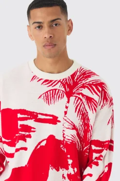boohooMAN Oversized Boxy Tonal Scenic Drawing Knitted Jumper | UK| Knitwear