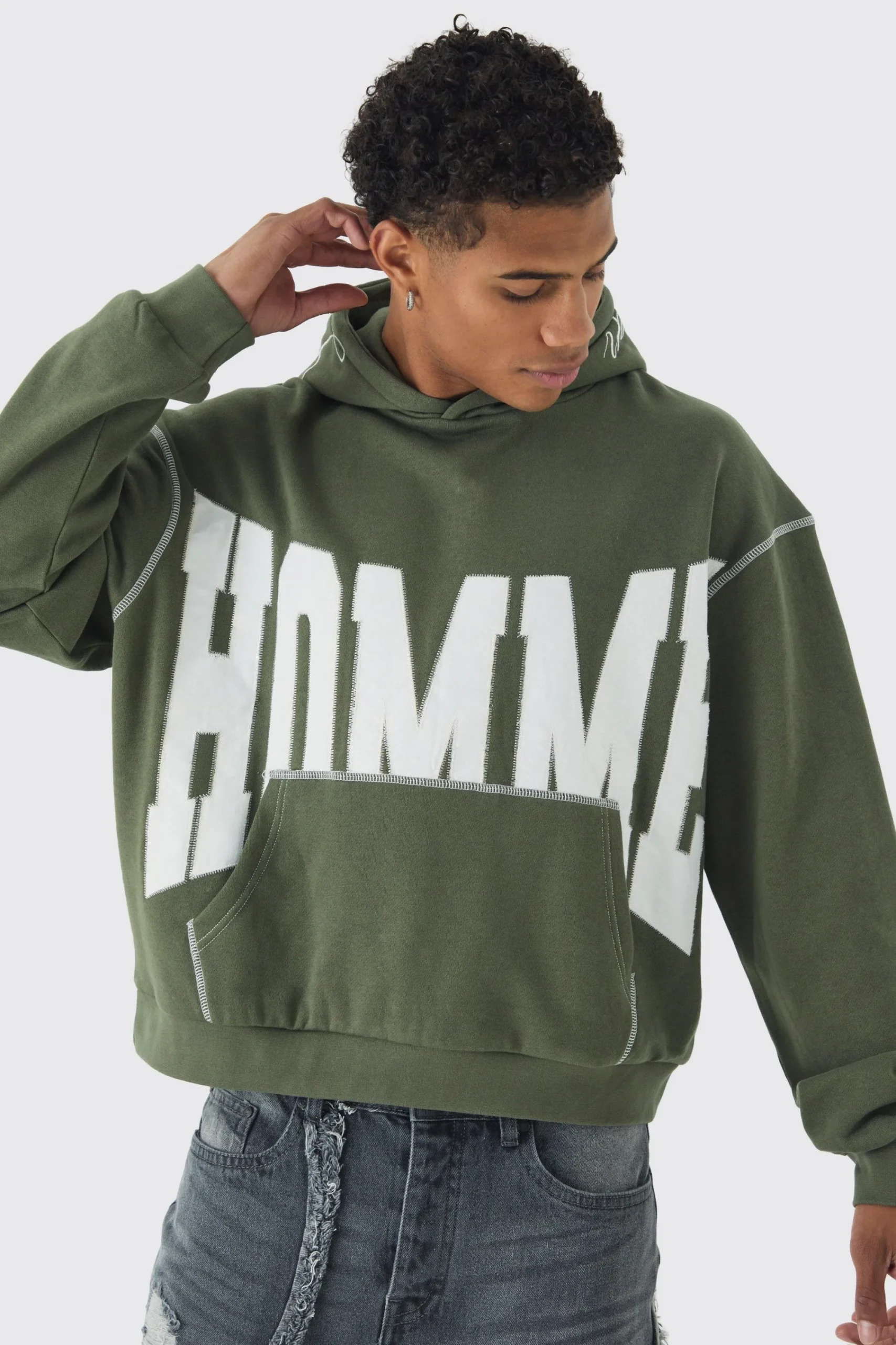 boohooMAN Oversized Boxy Twill Applique Contrast Stitch Hoodie | UK| Hoodies & Sweatshirts