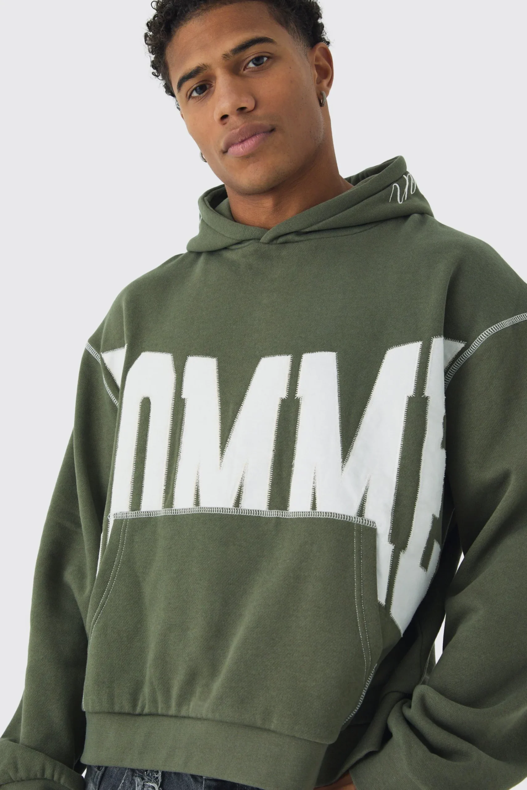 boohooMAN Oversized Boxy Twill Applique Contrast Stitch Hoodie | UK| Hoodies & Sweatshirts