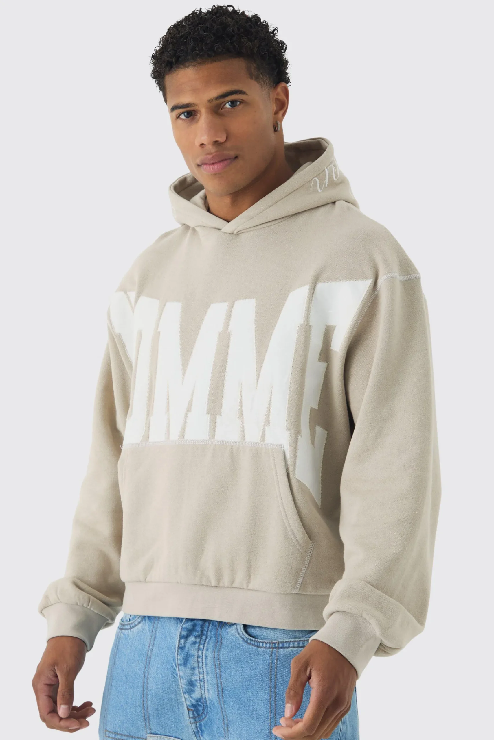 boohooMAN Oversized Boxy Twill Applique Contrast Stitch Hoodie | UK| Hoodies & Sweatshirts