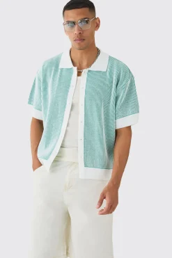 boohooMAN Oversized Boxy Two Tone Rib Knit Shirt | UK| Shirts