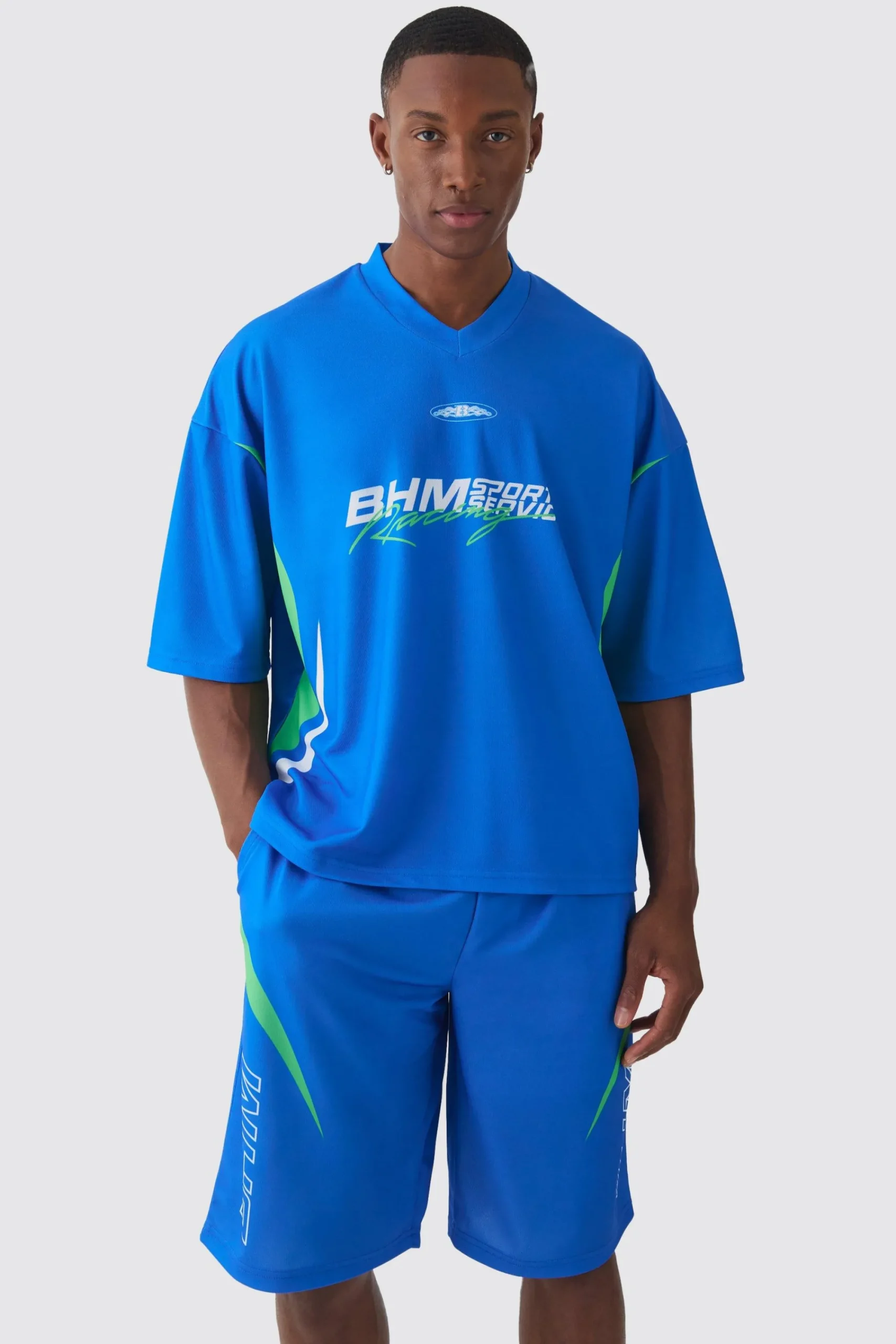 boohooMAN Oversized Boxy V Neck Mesh Moto Printed T-shirt & Short Set | UK| Sets & Co-Ords|Tracksuits