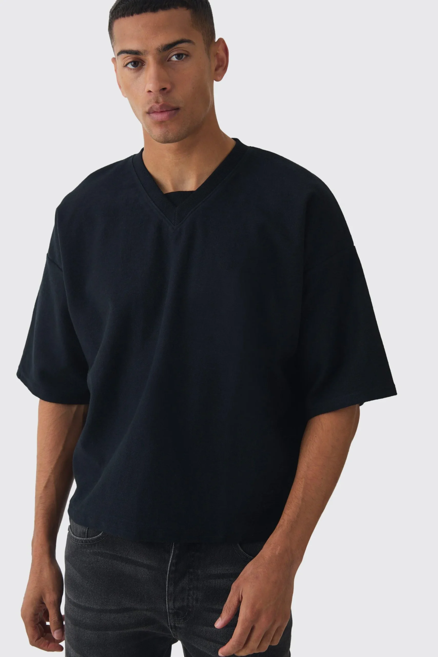 Oversized Boxy V Neck Reverse Loopback T-shirt | UK^boohooMAN Outlet