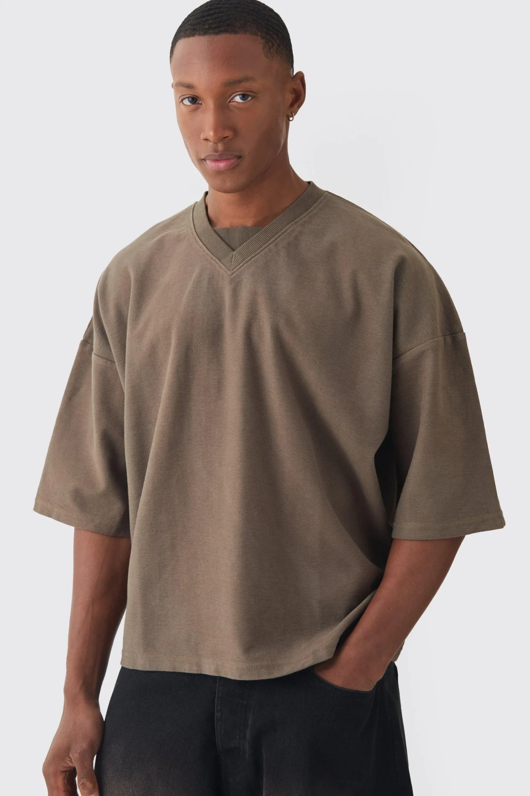 Oversized Boxy V Neck Reverse Loopback T-shirt | UK^boohooMAN Online