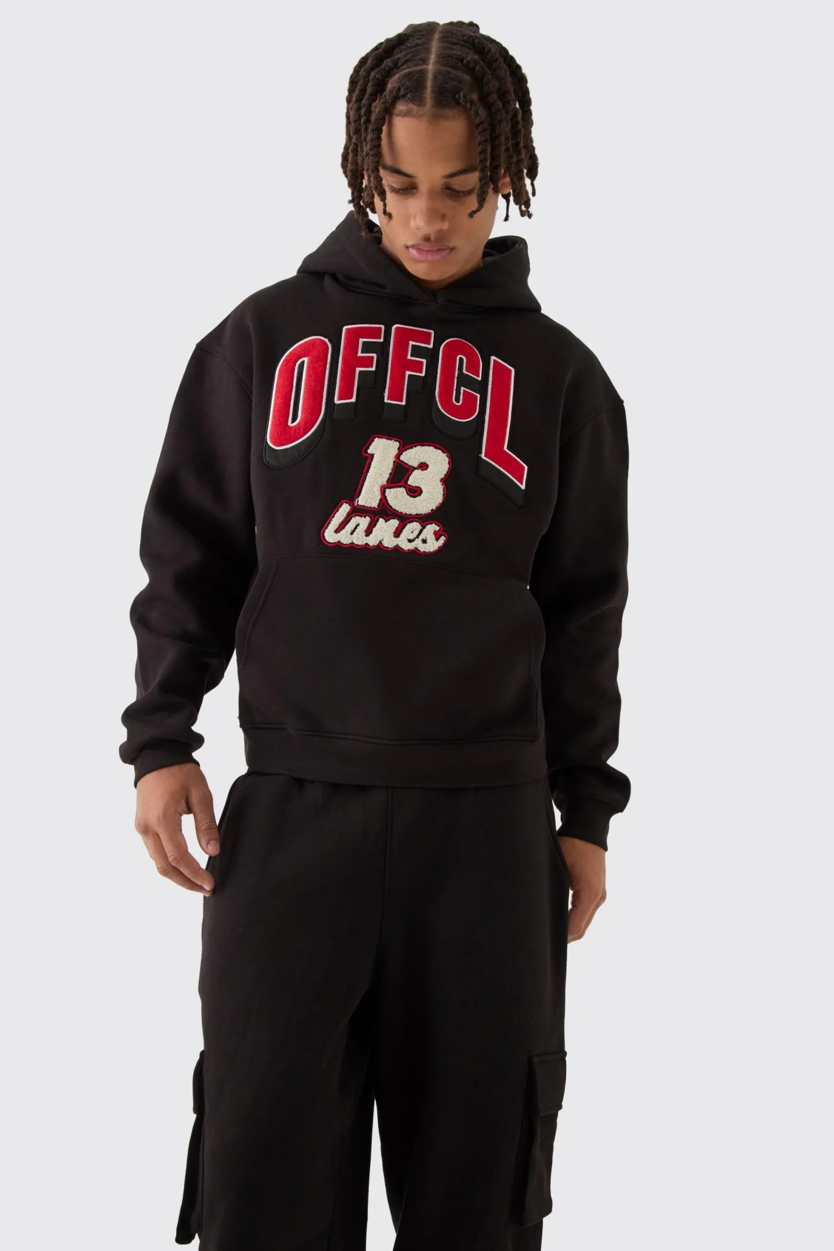 boohooMAN Oversized Boxy Varsity Applique Cargo & Hoodie Tracksuit | UK| Tracksuits|Hoodies & Sweatshirts