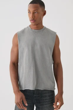 Oversized Boxy Wash Distressed Neck Tank | UK^boohooMAN Sale