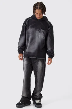 boohooMAN Oversized Boxy Washed Applique Hooded Tracksuit | UK| Tracksuits