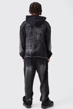 boohooMAN Oversized Boxy Washed Applique Hooded Tracksuit | UK| Tracksuits