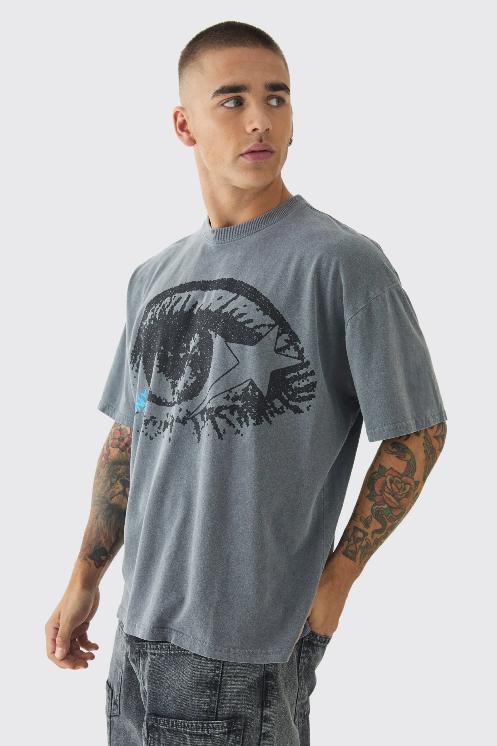 Oversized Boxy Washed Eye Print Raw Hem T-Shirt | UK^boohooMAN Hot