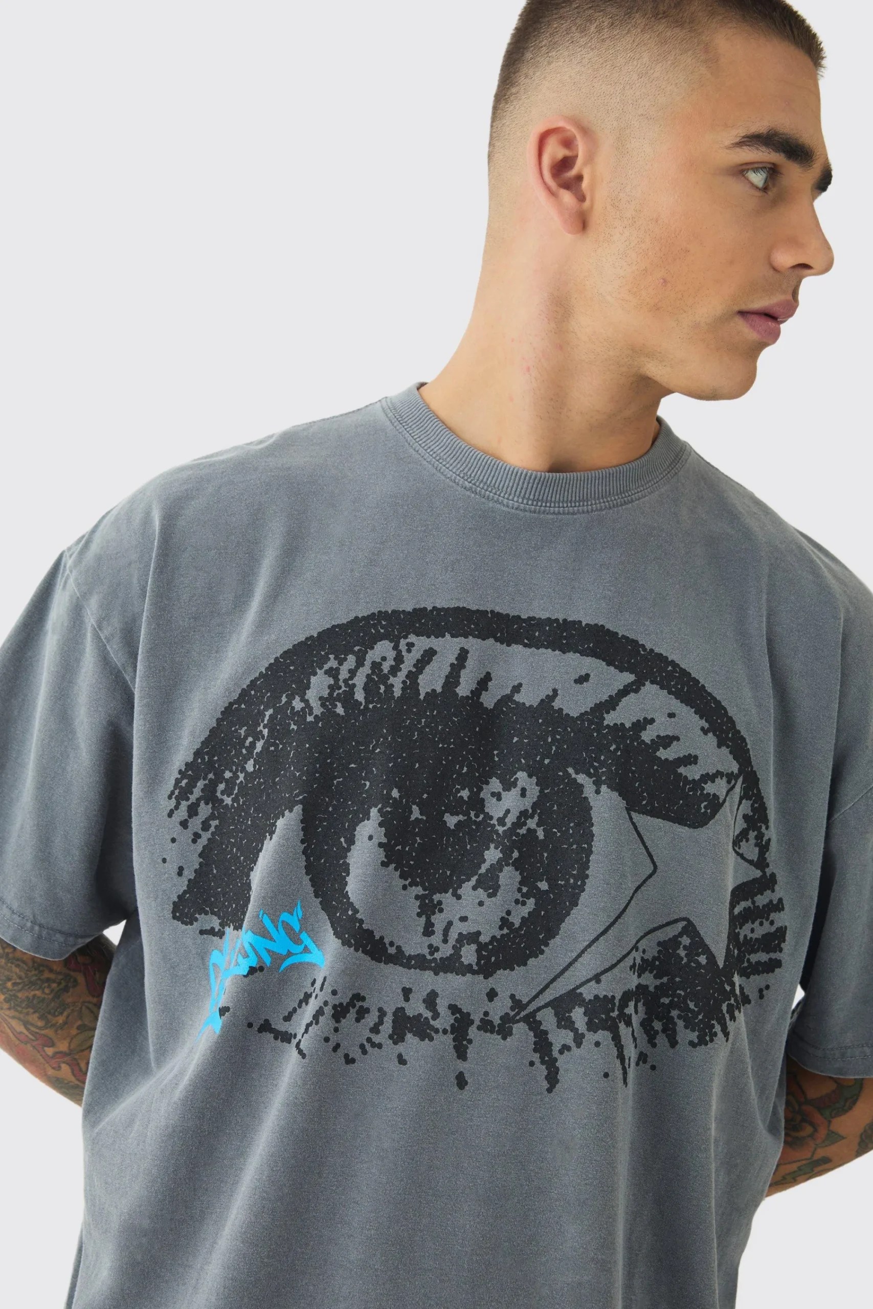Oversized Boxy Washed Eye Print Raw Hem T-Shirt | UK^boohooMAN Hot