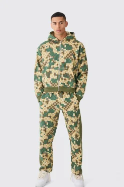 boohooMAN Oversized Boxy Zip Through Camo Hoodie Tracksuit | UK| Tracksuits