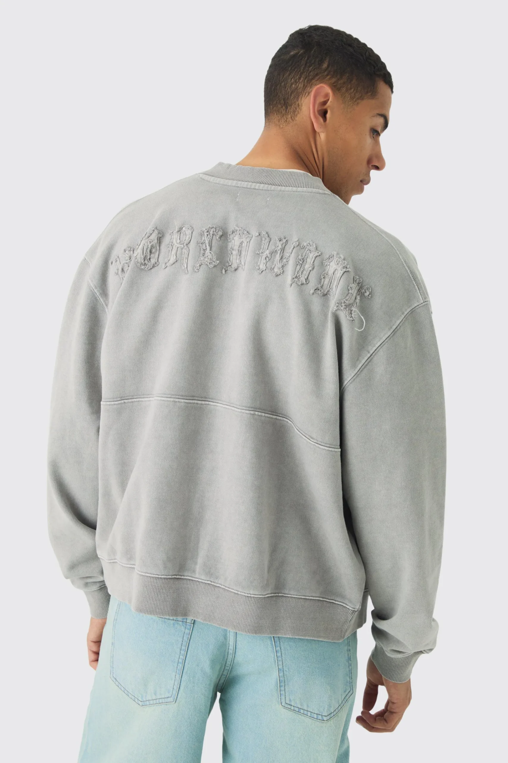 boohooMAN Oversized Boxy Zip Through Distressed Applique Bomber | UK| Coats & Jackets|Hoodies & Sweatshirts