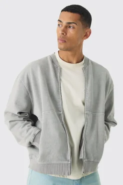 boohooMAN Oversized Boxy Zip Through Distressed Applique Bomber | UK| Coats & Jackets|Hoodies & Sweatshirts
