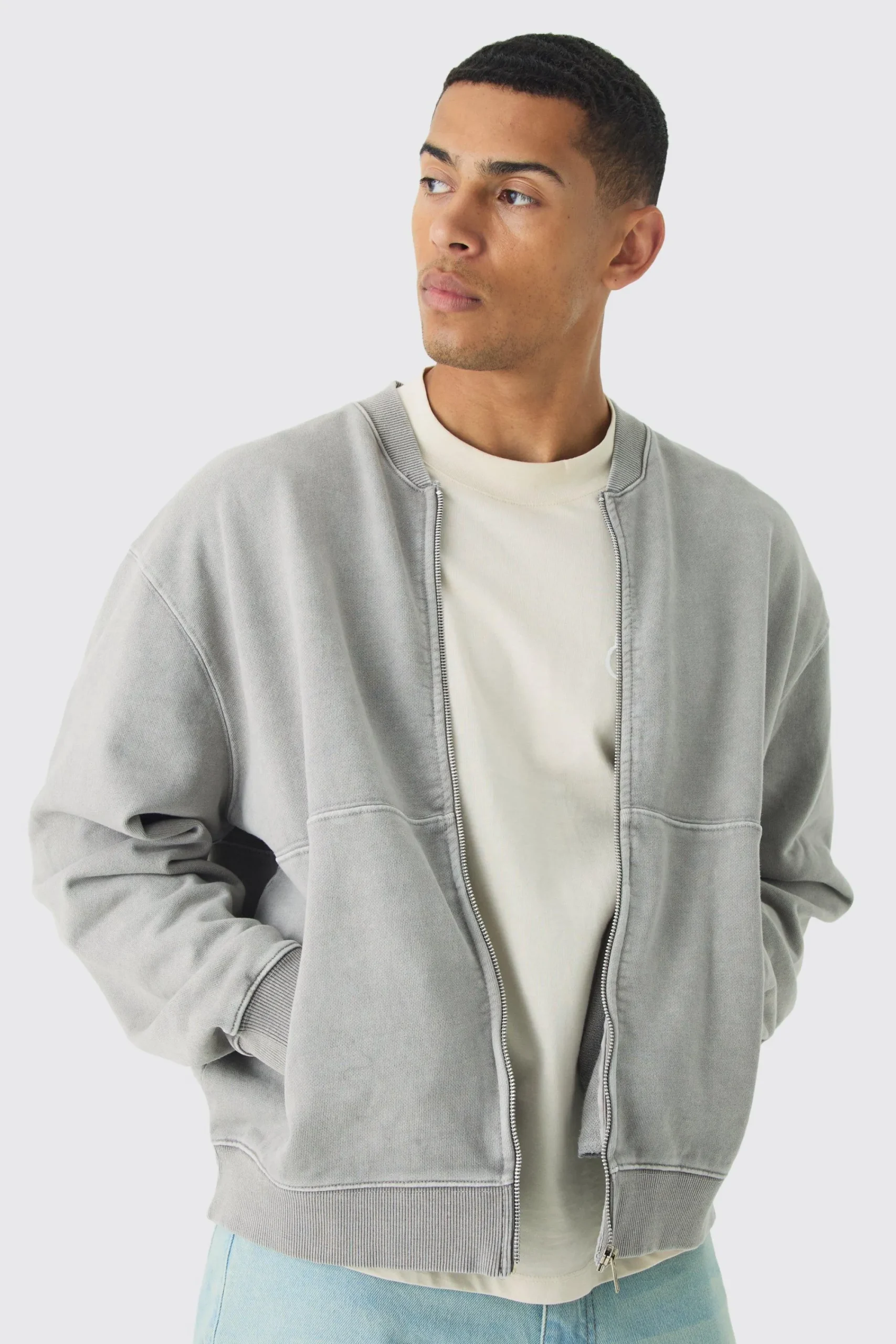 boohooMAN Oversized Boxy Zip Through Distressed Applique Bomber | UK| Coats & Jackets|Hoodies & Sweatshirts