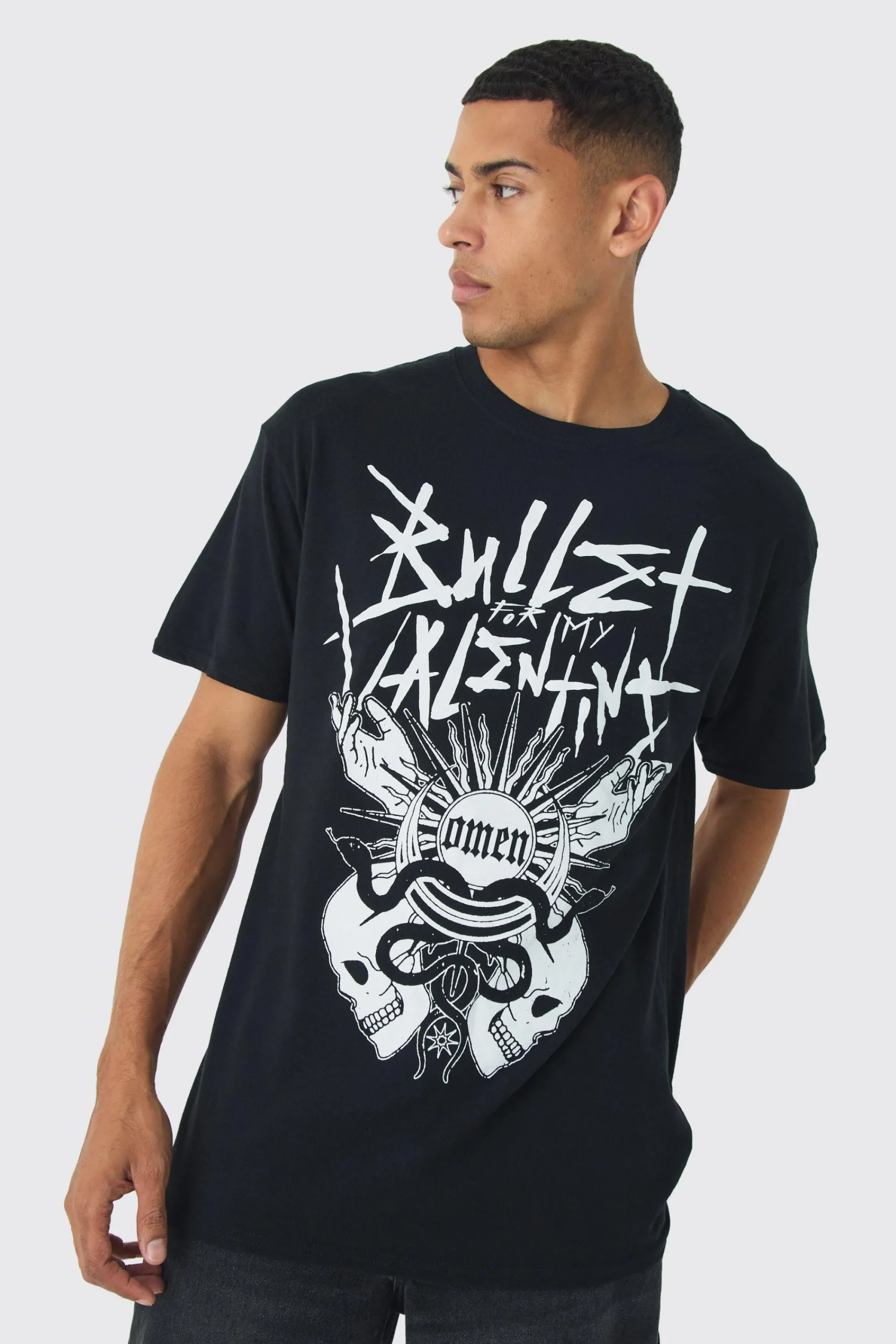 Oversized Bullet For My Valentine License Print T-Shirt | UK^boohooMAN Outlet