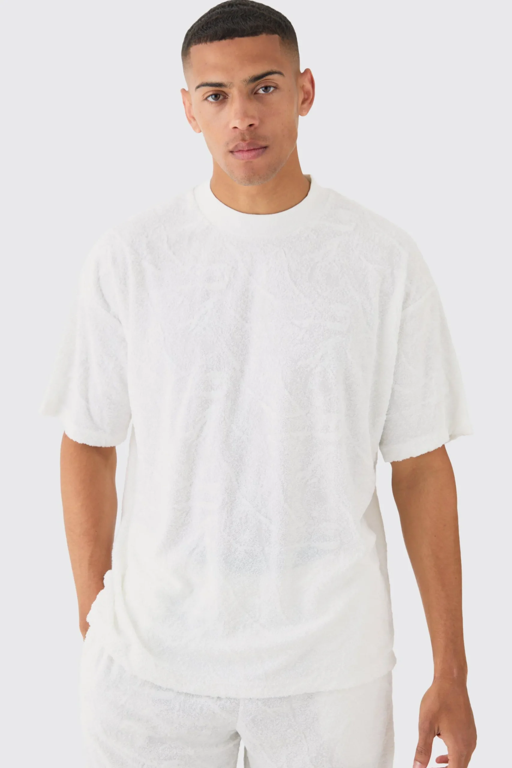 Oversized Burnout Towelling Jacquard T-shirt | UK^boohooMAN New