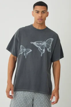 Oversized Butterfly Print Wash T-shirt | UK^boohooMAN Hot