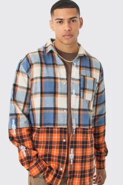 boohooMAN Oversized Check Splice Printed Placket Shirt | UK| Shirts