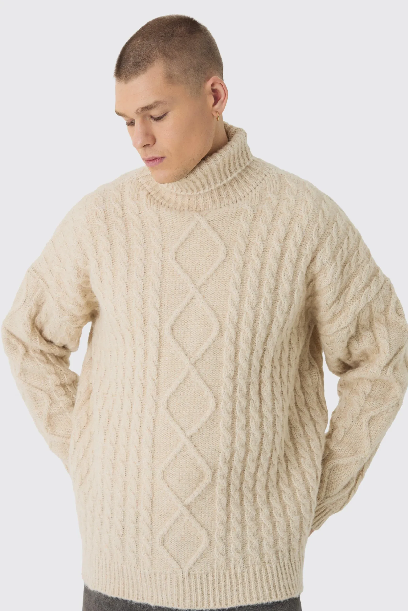 boohooMAN Oversized Chunky Cable Knit Roll Neck Jumper | UK| Knitwear