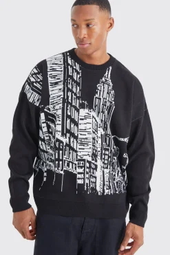 boohooMAN Oversized City Scene Knitted Jumper | UK| Knitwear