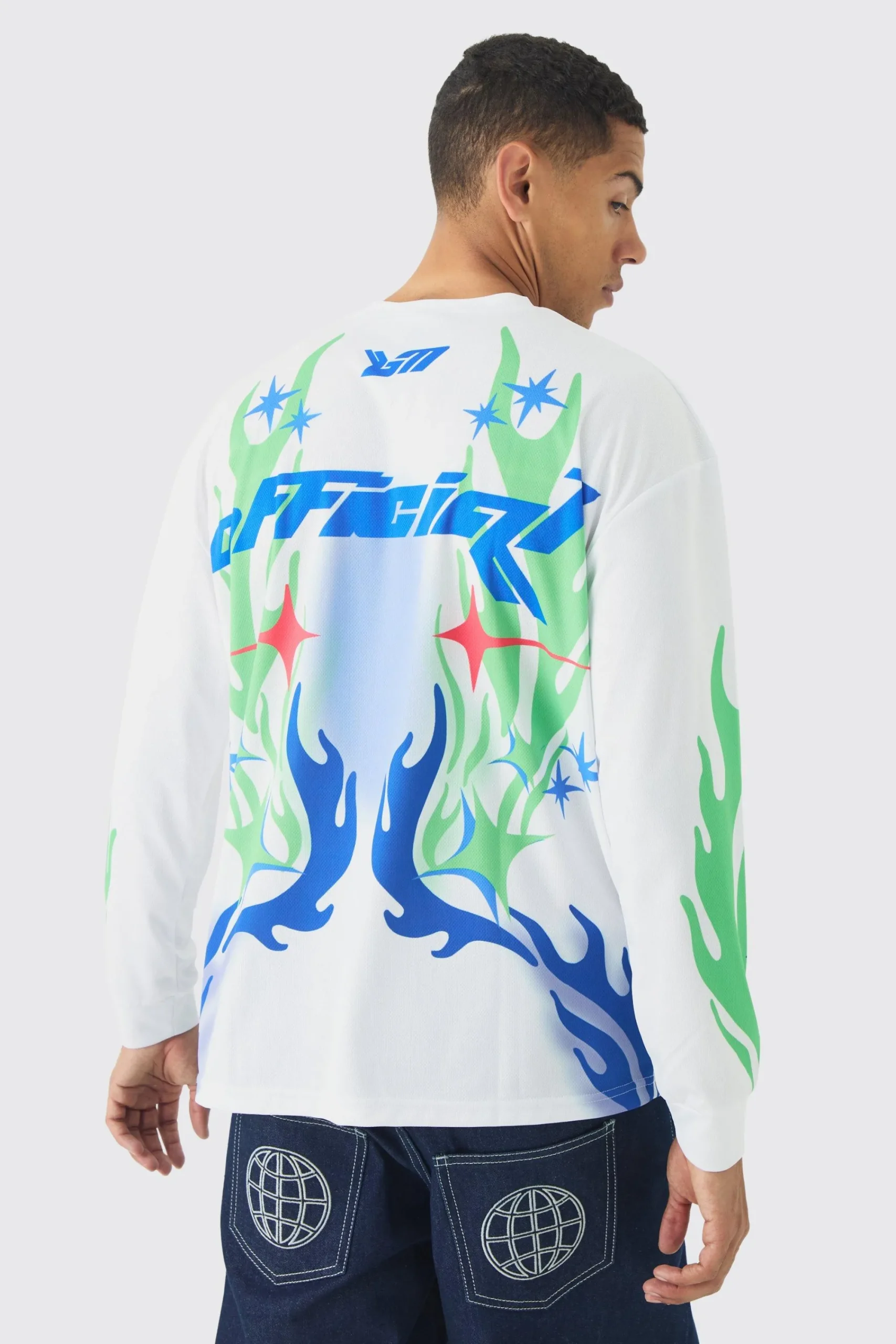 Oversized Closed Mesh Graffiti Moto Long Sleeve T-shirt | UK^boohooMAN Sale