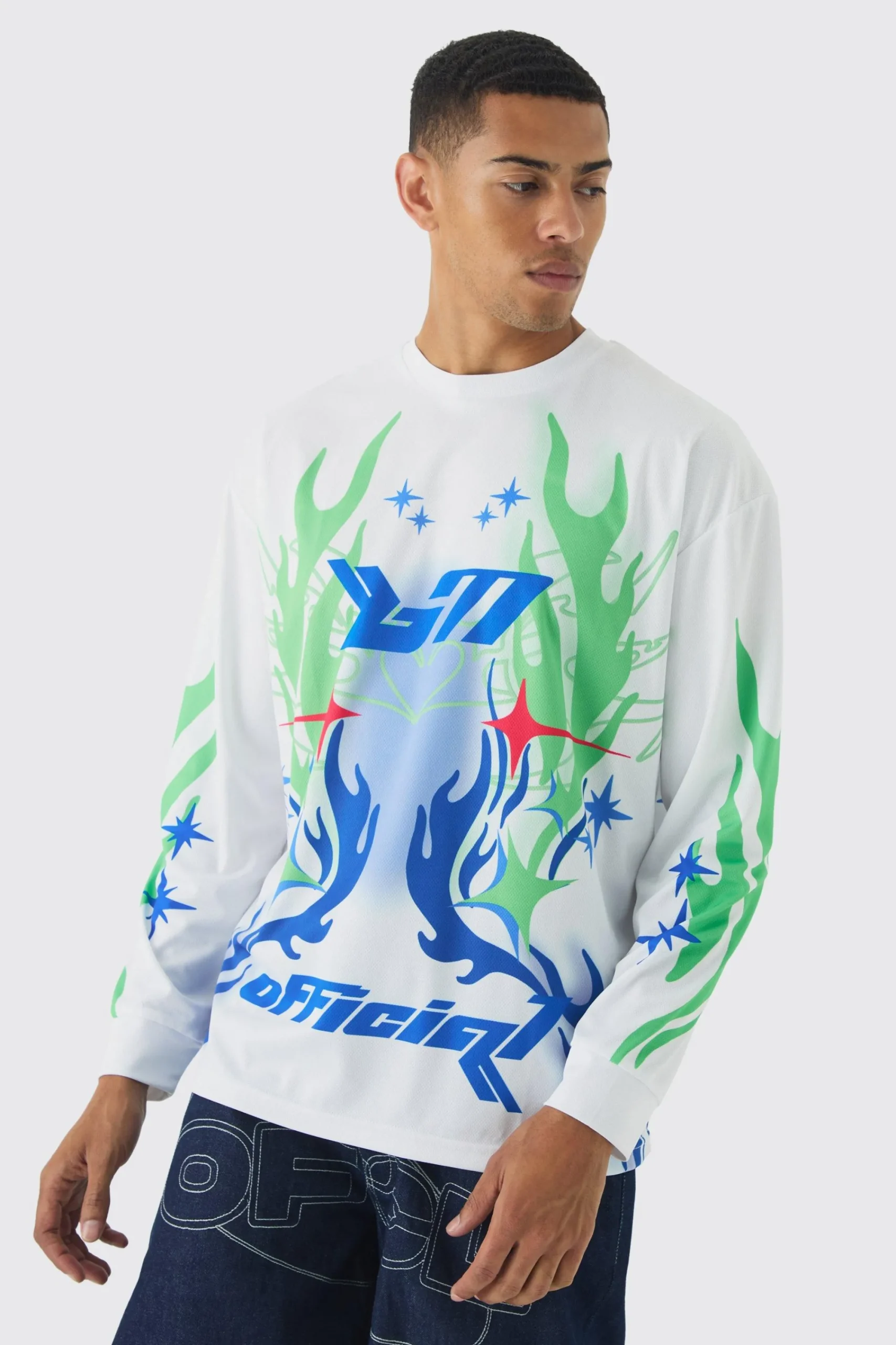 Oversized Closed Mesh Graffiti Moto Long Sleeve T-shirt | UK^boohooMAN Sale