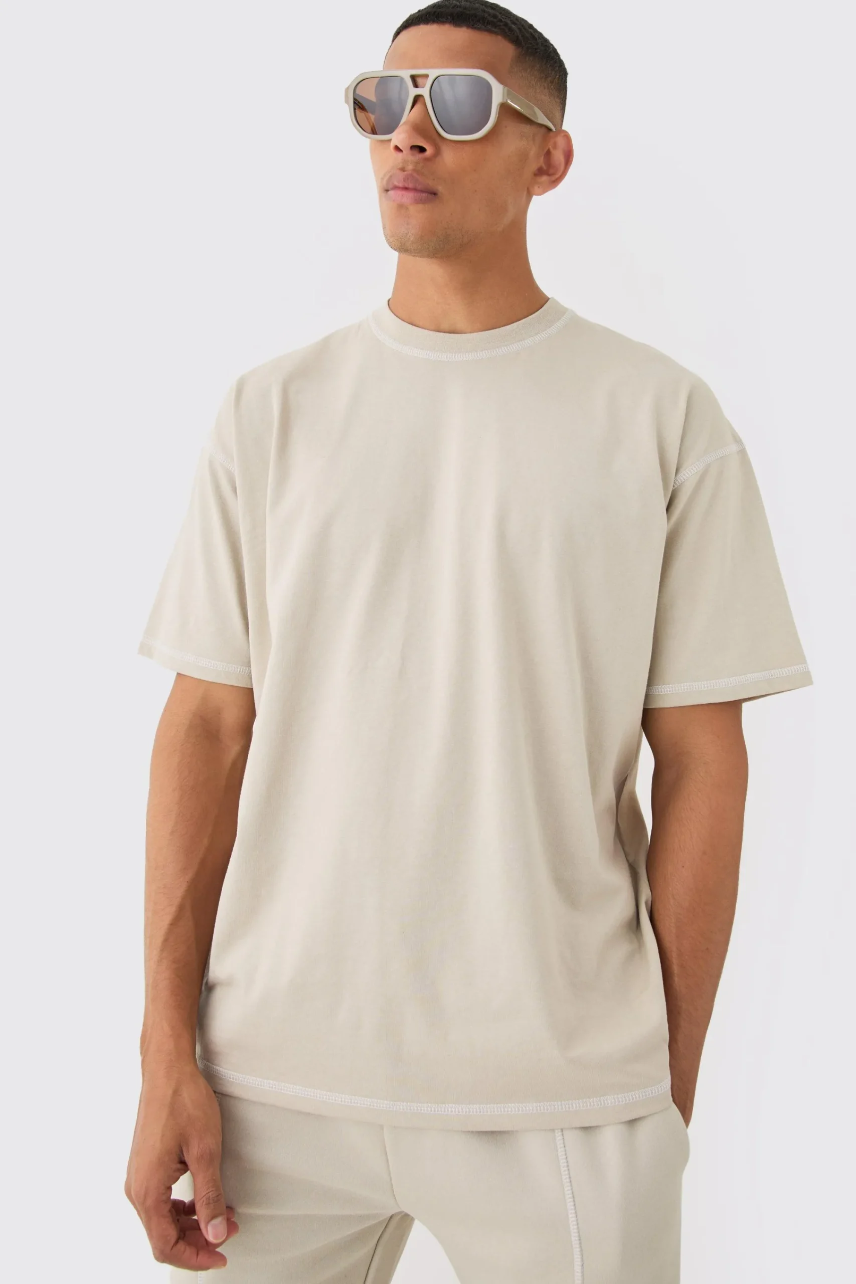 Oversized Contrast Stitch Extended Neck T-shirt | UK^boohooMAN Sale