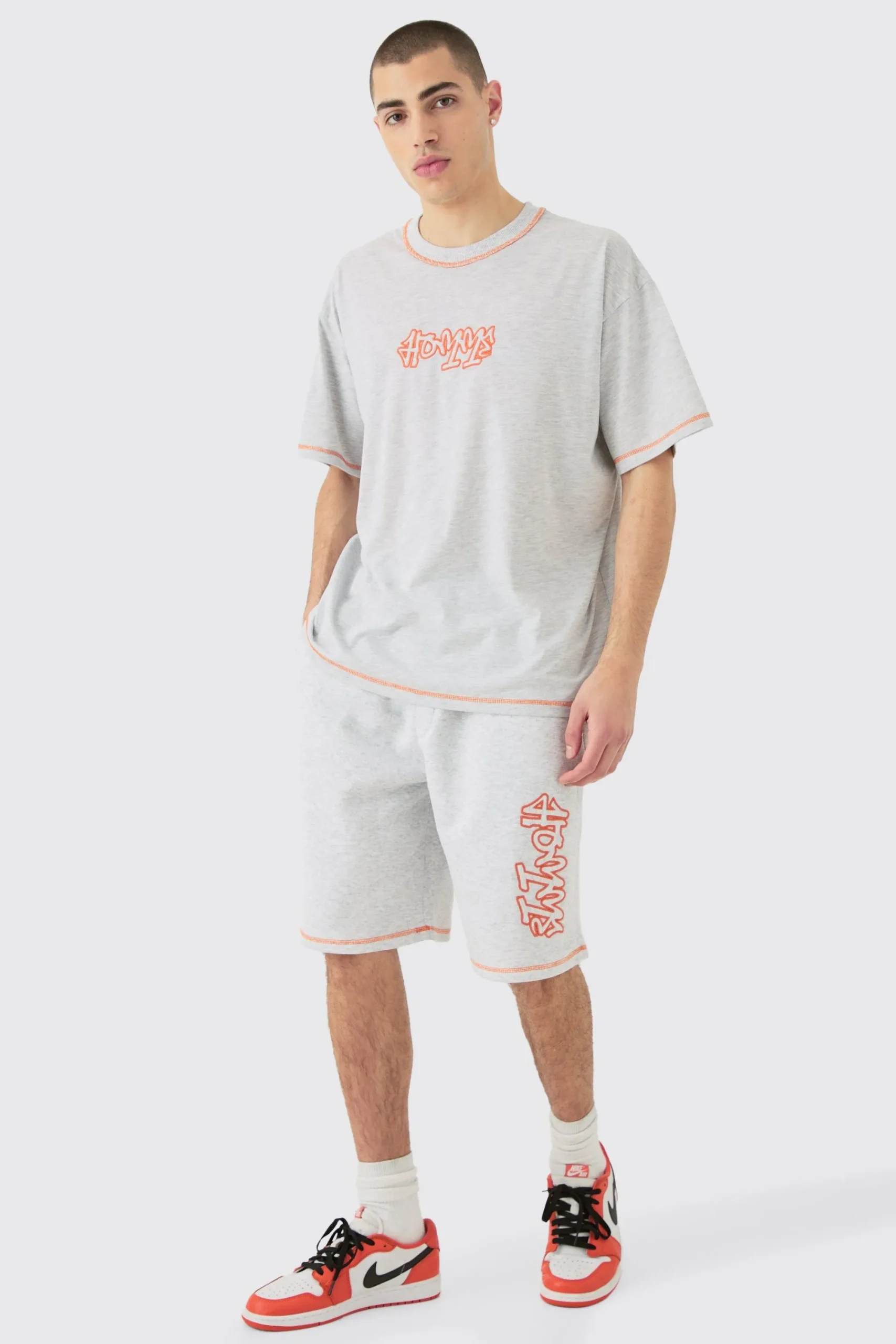 boohooMAN Oversized Contrast Stitch Applique T-shirt & Short Set | UK| Tracksuits