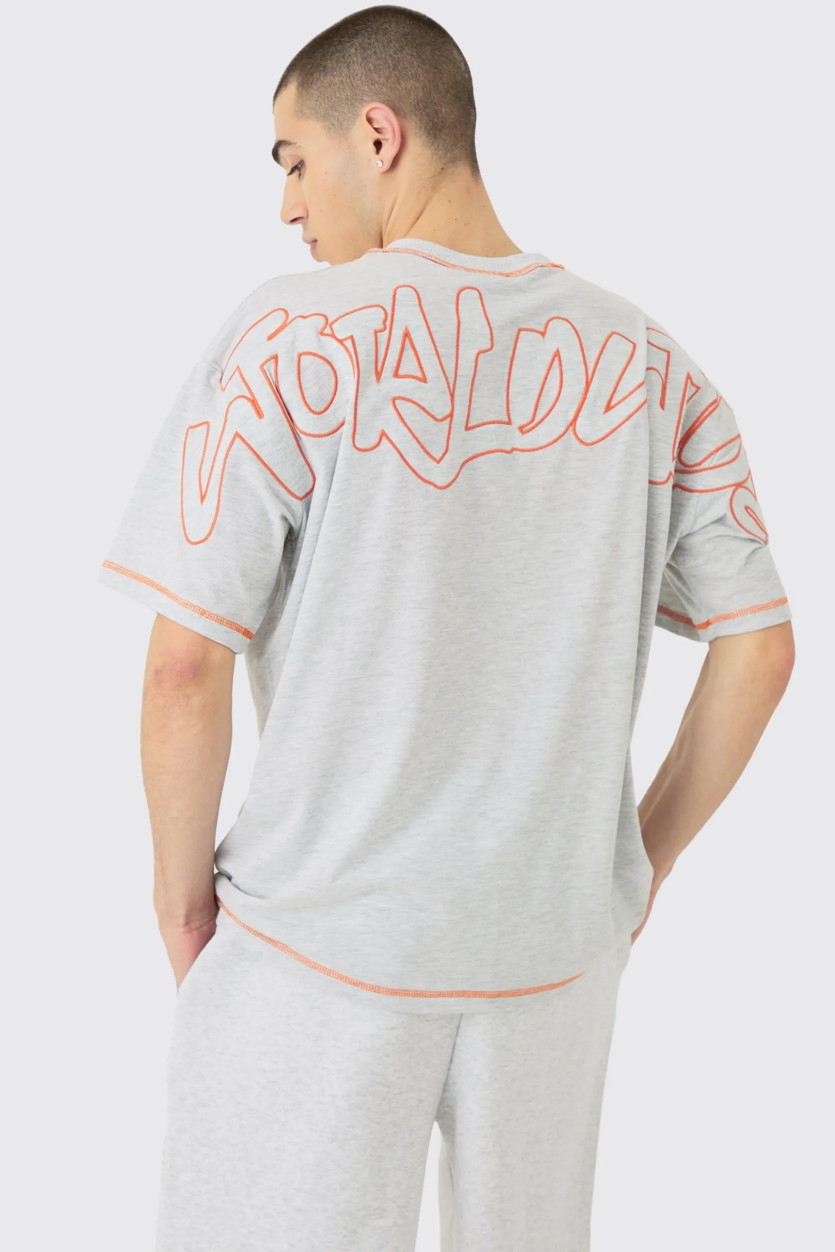 boohooMAN Oversized Contrast Stitch Applique T-shirt & Short Set | UK| Tracksuits