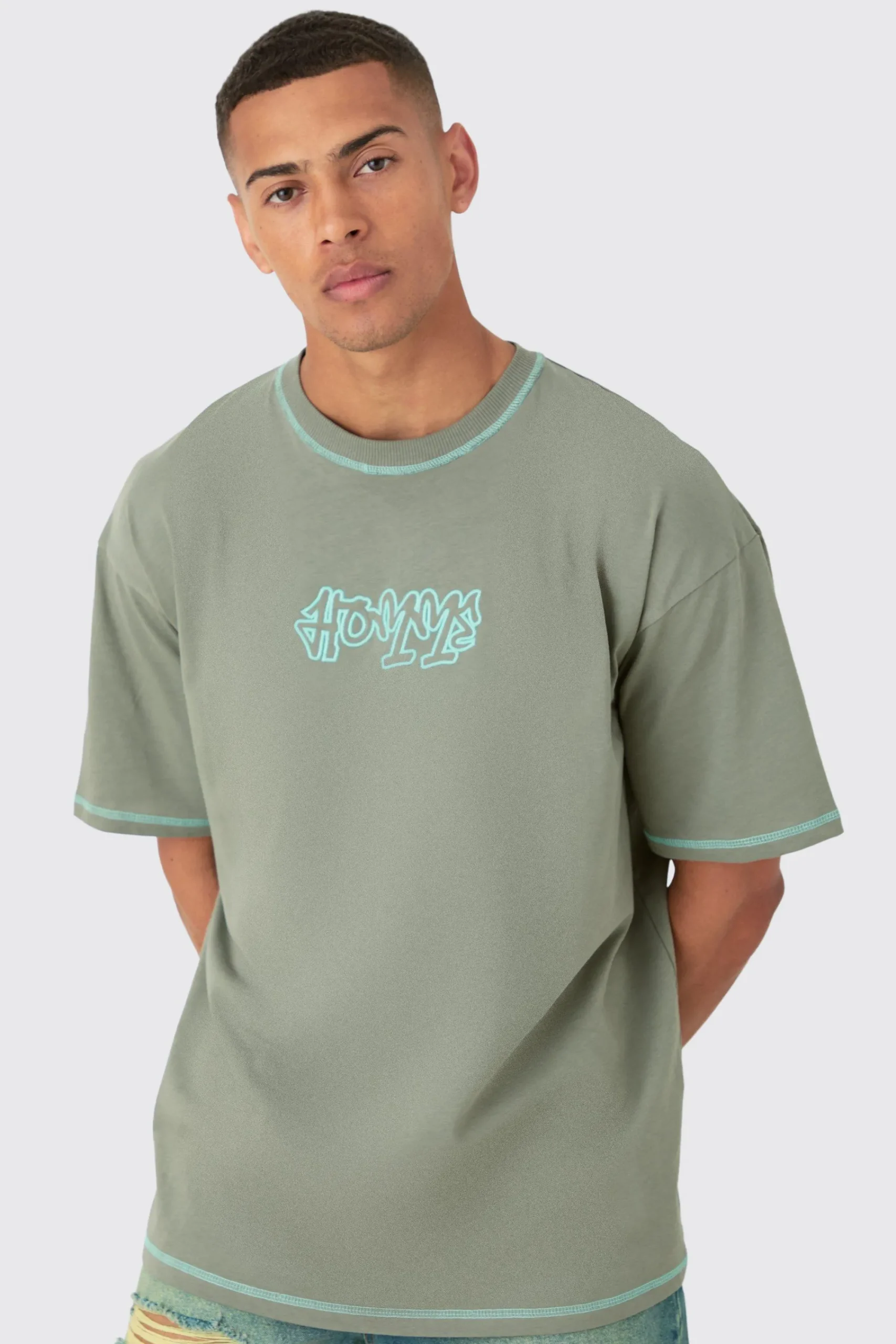Oversized Contrast Stitch Embroidered T-shirt | UK^boohooMAN Sale