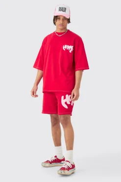 boohooMAN Oversized Contrast Stitch Puff Print Half Sleeve T-shirt & Short Set | UK| Sets & Co-Ords|Tracksuits