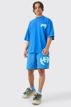 boohooMAN Oversized Contrast Stitch Puff Print Half Sleeve T-shirt & Short Set | UK| Sets & Co-Ords|Tracksuits