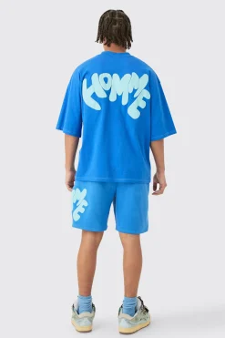 boohooMAN Oversized Contrast Stitch Puff Print Half Sleeve T-shirt & Short Set | UK| Sets & Co-Ords|Tracksuits