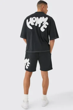 Oversized Contrast Stitch Puff Print Half Sleeve T-shirt | UK^boohooMAN New